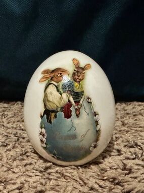 Vintage Ceramic Easter Egg Victorian Dressed Bunny Rabbit Cottagecore Decor